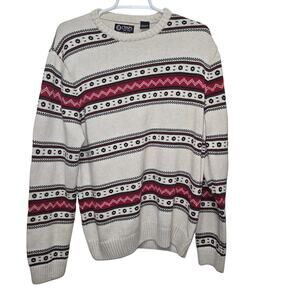 Chaps Fair Isle Sweater Large Cream Red Cotton Crewneck
